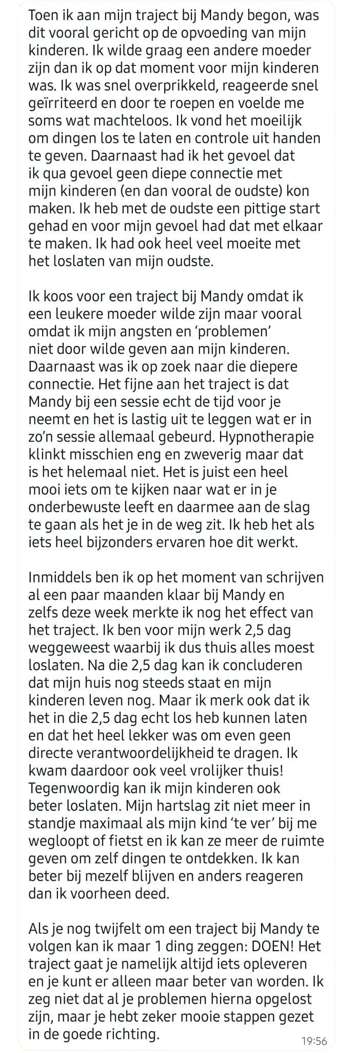 WhatsApp-bericht van een cliënt over haar traject bij Mandy van Meer