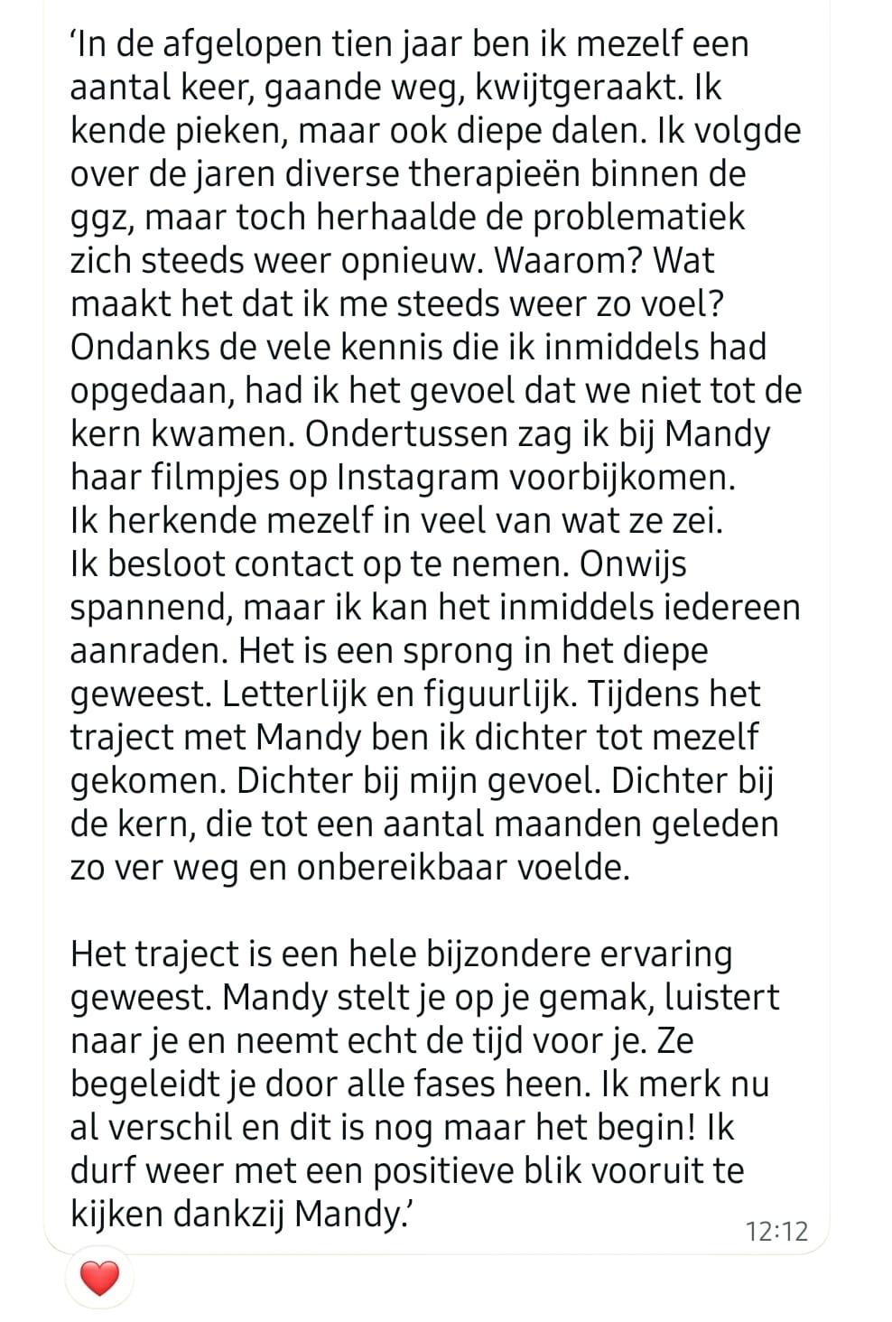 WhatsApp-bericht van een cliënt over haar traject bij Mandy van Meer